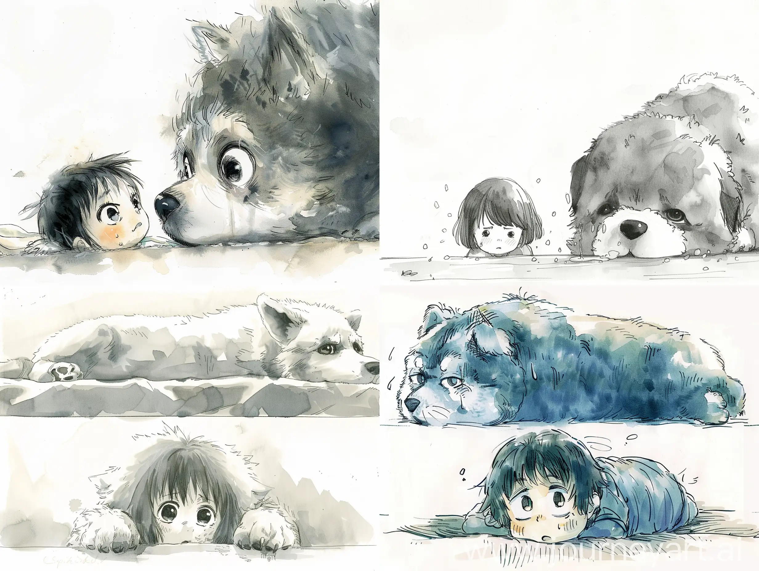 prompt: The image displays manga art style, characterized by clean, expressive lines and shading, This artwork features a chibi style, characterized by exaggerated, cute proportions. It appears to be created with watercolors and ink, giving it a soft, storybook-like quality. It appears to be drawn by a skilled manga artist. The composition is divided into two panels. The top panel features a large, fluffy dog lying down and died of old age. In the bottom panel, a worried-looking child with short, dark hair and big eyes gazes upwards, he seemingly towards the dog and crying (clear tears). The background is plain white, emphasizing the emotions of the characters. The artwork focuses on the emotional connection between the child and the dog, creating a poignant scene.

