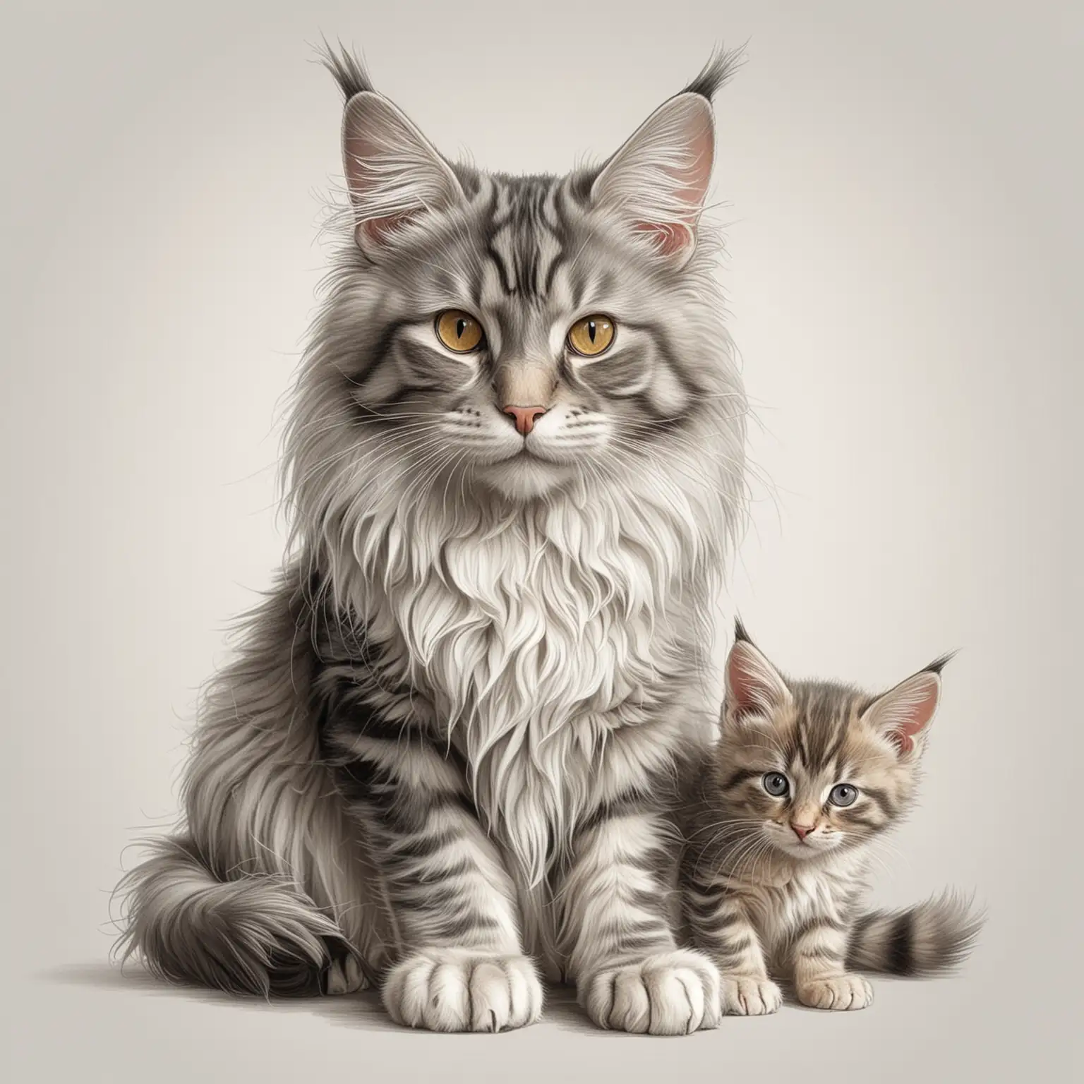 реалистичный  рисунок в стиле карандашной графики на белом фоне детализированные  кошка с котенком породы мейн-кун