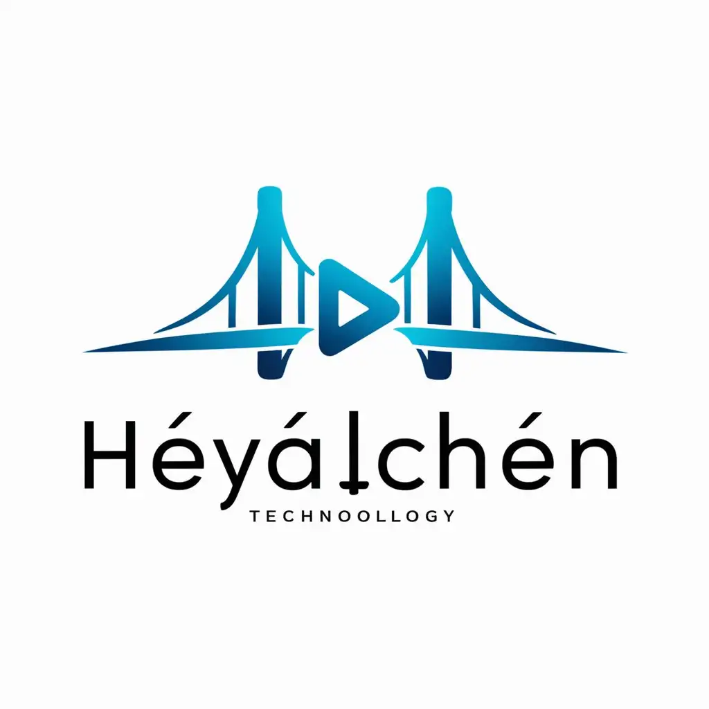 a logo design,with the text "Héyàchén", main symbol:bridge and play button, blue gradient, flattened,Minimalistic,be used in Technology industry,clear background