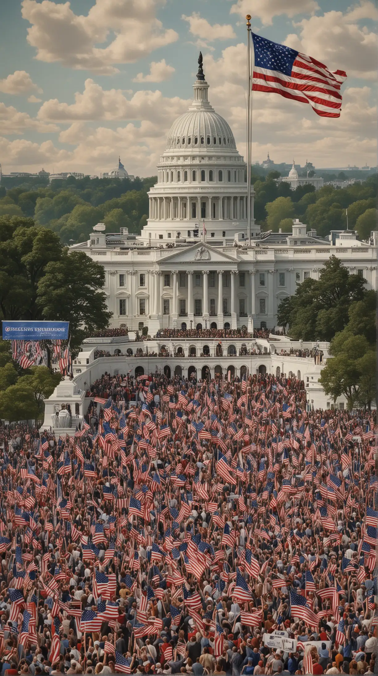Depict a scene of celebration in Washington, D.C., as news of the successful purchase of Alaska spreads. Show crowds gathering outside the White House and Capitol Building, waving American flags and cheering. Hyper realistic