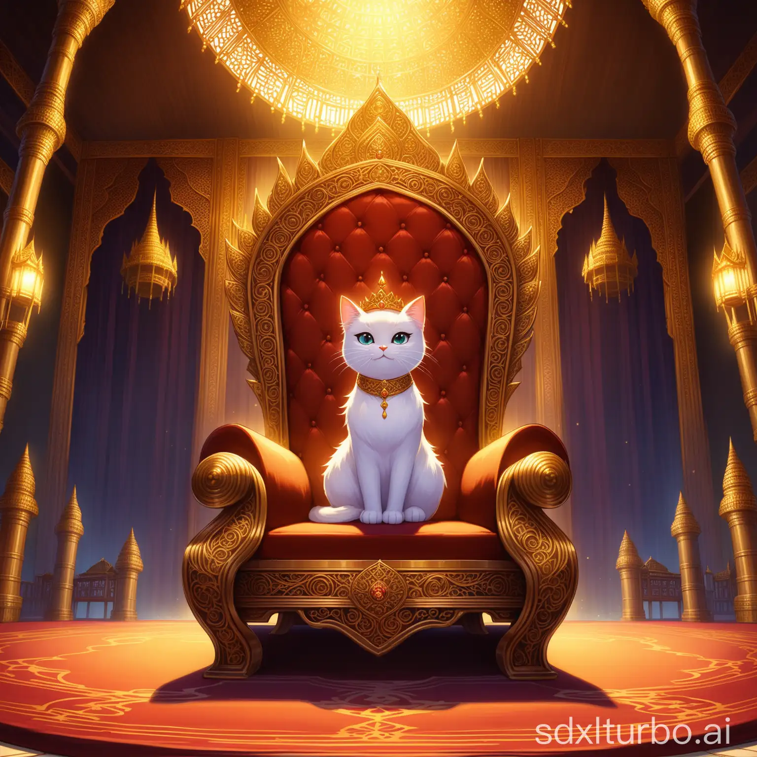 宫殿中坐在皇位的暹罗猫公主，在黄昏，高细节，极致色彩，高分辨率
