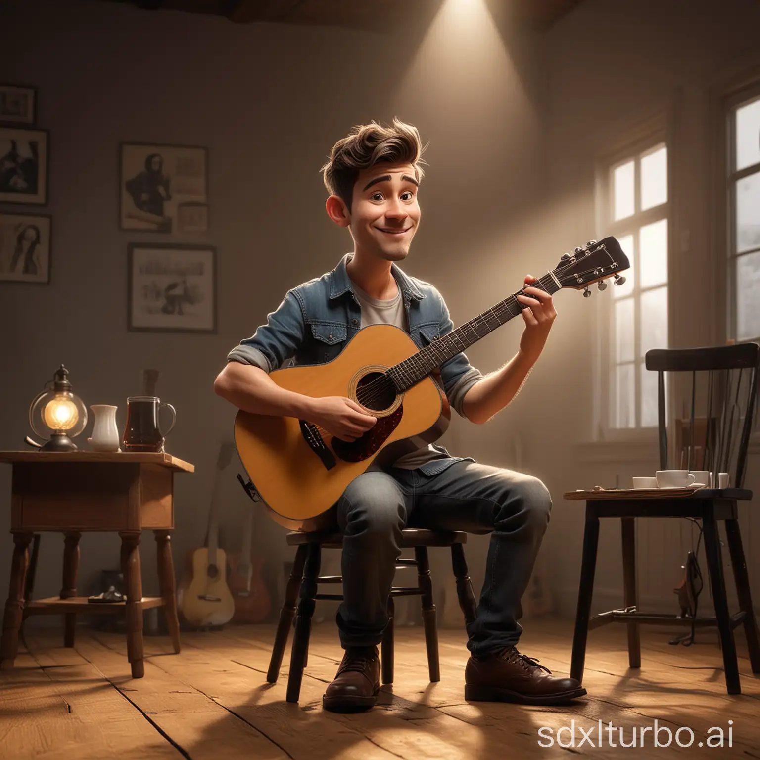 Create a realistic 3D cartoon style full body caricature with a big head. A young man is sitting in an old black wooden chair playing an acoustic guitar facing the camera. In front of him you can see a clear glass containing a black liquid like coffee which is placed on an old brown wooden table. Beside him there was a young woman sitting enjoying the song. A soft silhouette of light from above illuminates the young man who is busy playing the guitar. Dramatic lighting adds to the beauty of the atmosphere in the picture. Use soft photography lighting. Light from above, from behind, UHD, HD, high quality image.