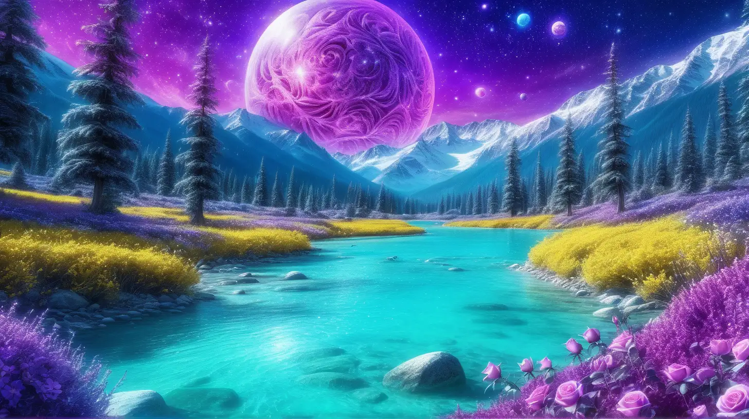 sparkling flowers and roses by a magical bright-turquoise river in the middle of the mountains. Purple. Blue. 8K. bright-yellow, #FFFF00, and purple sky with a rotating huge planet between trees.