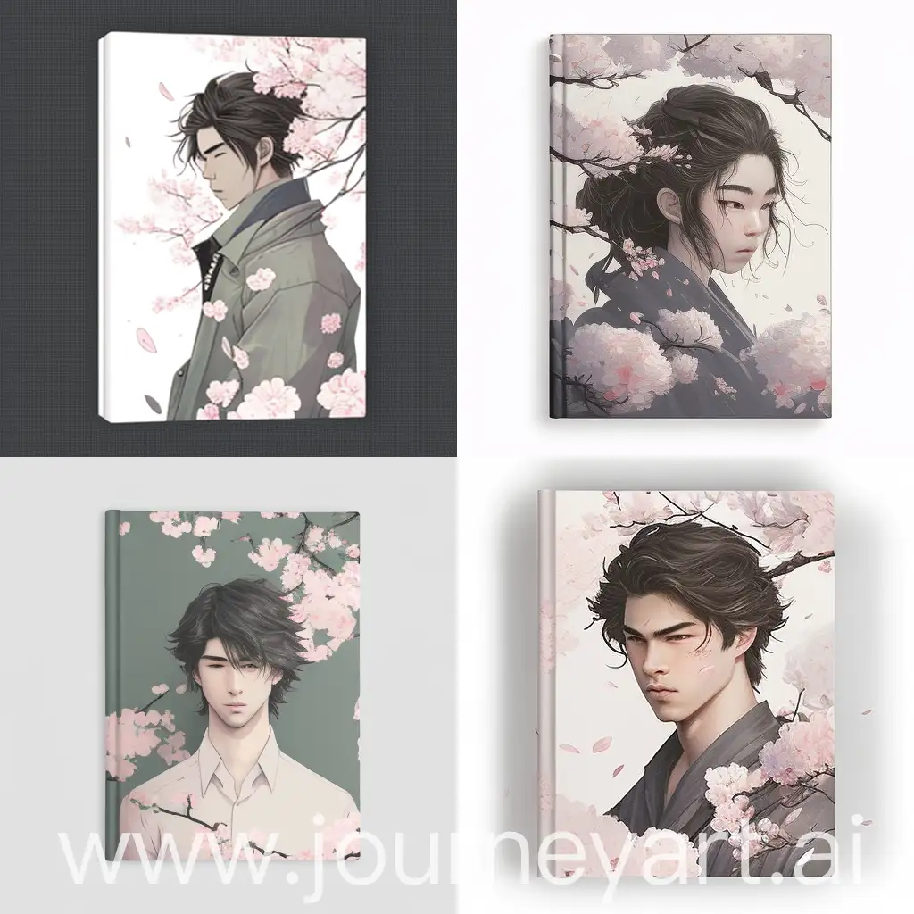 Cherry blossoms in bloom, a lumberjack in a kimono, soft Japanese expressions and wild bushy hair, a simple style book that's sophisticated, simple and innocent. Background gray