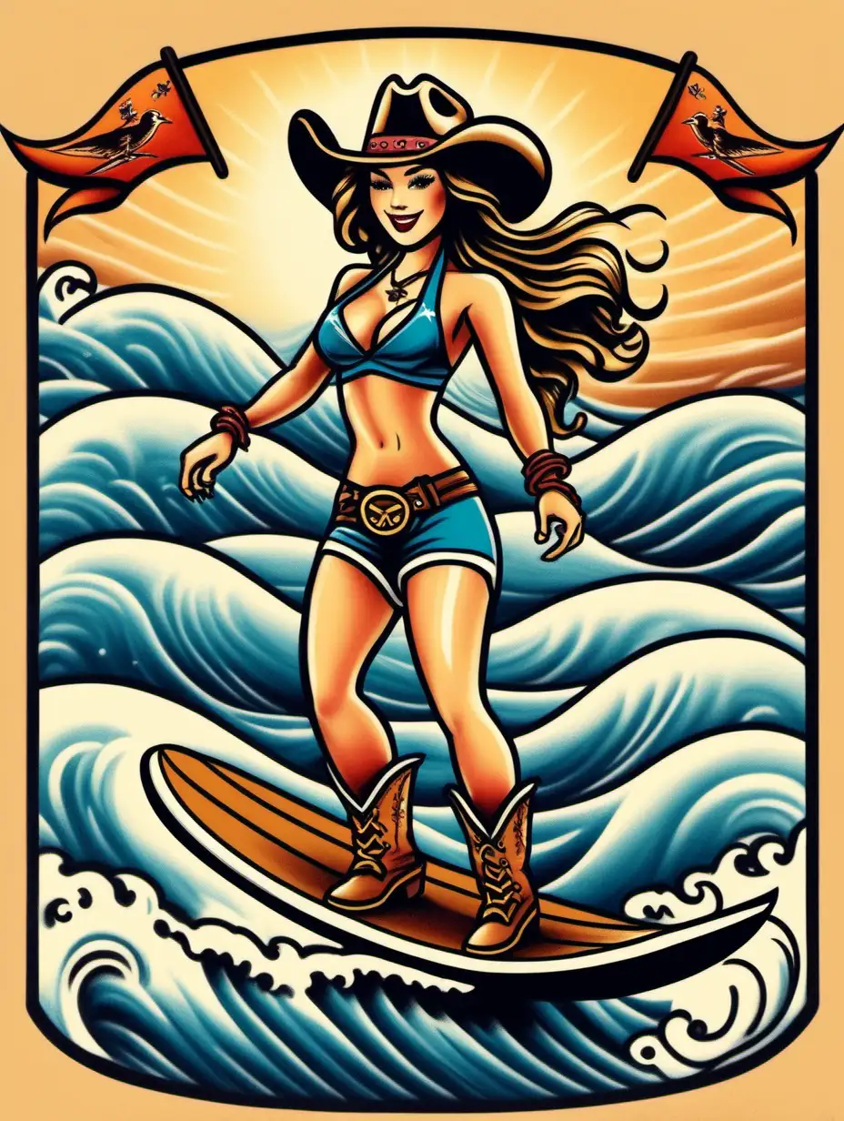 Cowgirl Surfing Wave in Sailor Jerry Tattoo Flash Art Style