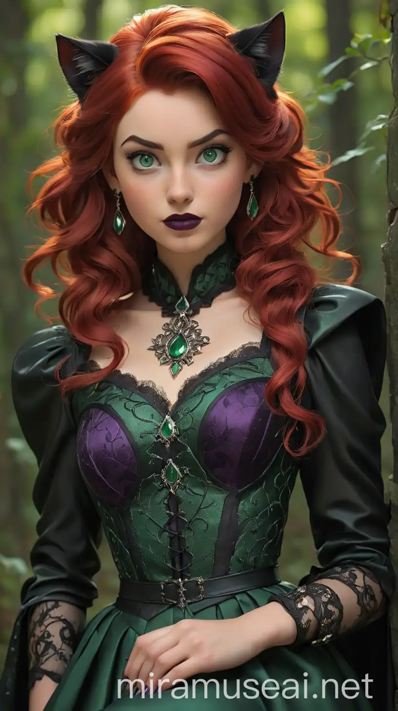 A spellbinding young woman with fiery red hair styled in victory rolls, reminiscent of the 1950s era, with streaks of deep purple running through it, adding a mystical touch. Her emerald green eyes sparkle with mischief and intelligence, framed by long, thick lashes. She has fair porcelain skin with a smattering of freckles across her nose, giving her a whimsical charm. Her outfit blends elements of witchcore, Halloween, and whimsigothic aesthetics with a vintage twist, reflecting her magical heritage and timeless style. She wears a fitted emerald green dress with a sweetheart neckline, accentuating her hourglass figure, adorned with intricate black lace detailing reminiscent of spiderwebs and enchanted vines. Over the dress, she layers a deep purple velvet cloak lined with scarlet red silk, adding a regal flair to her ensemble. The cloak is fastened with an ornate brooch in the shape of a black cat with glowing green eyes, symbolizing her connection to the mystical world. She accessorizes herself.with antique silver jewelry, including dangling earrings shaped like bats and a pendant featuring a miniature cauldron filled with shimmering green potion. Her long fingerless gloves are made of supple black leather, adorned with delicate lace cuffs embroidered with arcane symbols. On her feet, she wears pointed black boots with silver buckle accents, adding a touch of edgy sophistication to her ensemble. The Girl's makeup is dramatic yet elegant, with deep purple eyeshadow, winged eyeliner, and blood-red lipstick, accentuating her otherworldly beauty. Overall, The Girl exudes an aura of enchantment and mystery, blending vintage charm with dark fantasy elements in her bewitching style. 