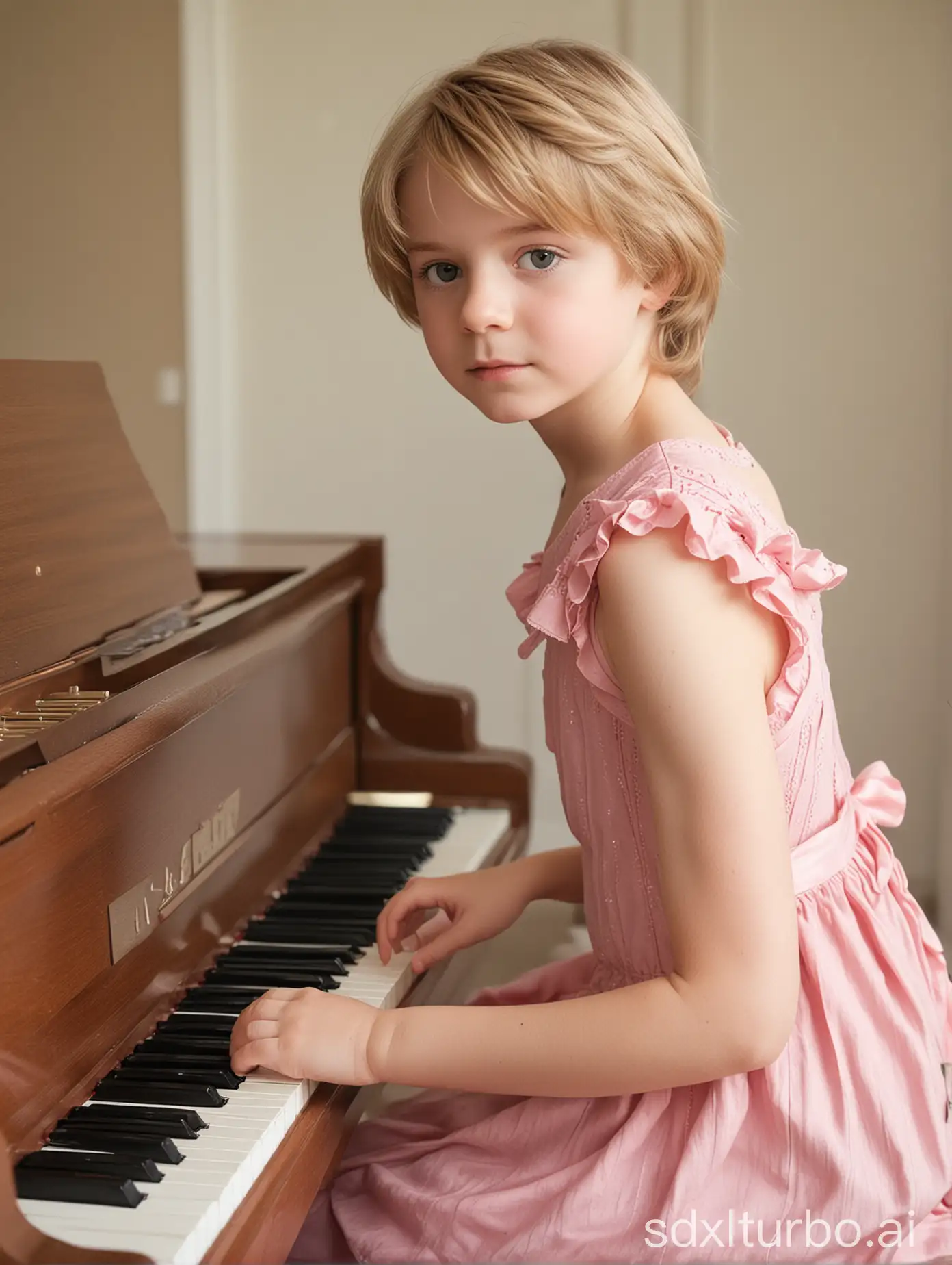 Digital photography of boy in a pink frock dress playing piano, white boy, cute face (((gender role reversal)))