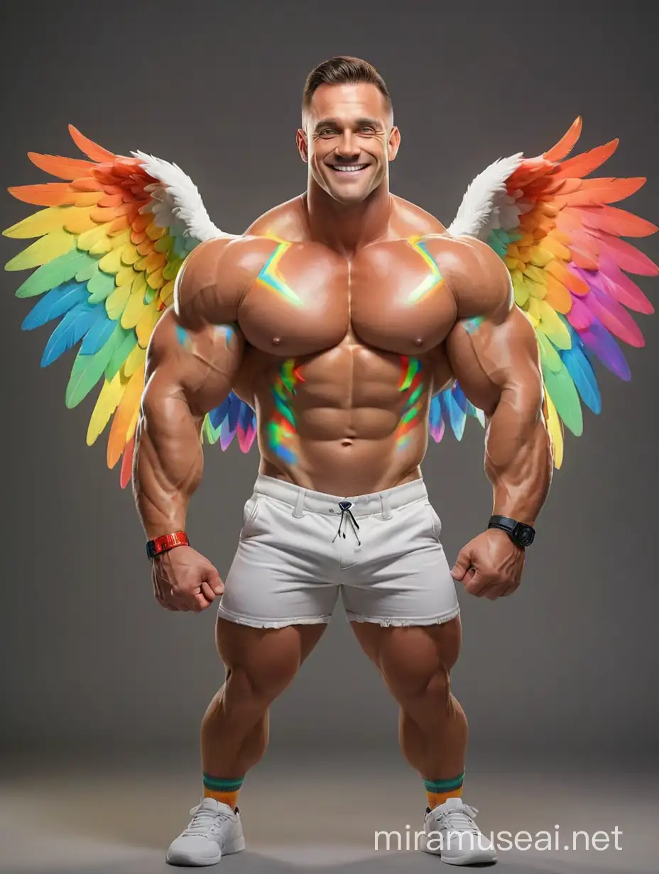 Studio Light Topless 30s Ultra Chunky Happy IFBB Bodybuilder Daddy with Beautiful Big Eyes wearing Multi-Highlighter Bright Rainbow with white Coloured See Through Eagle Wings Shoulder LED Jacket Short shorts left arm Flexing Bicep Up Pose seating on