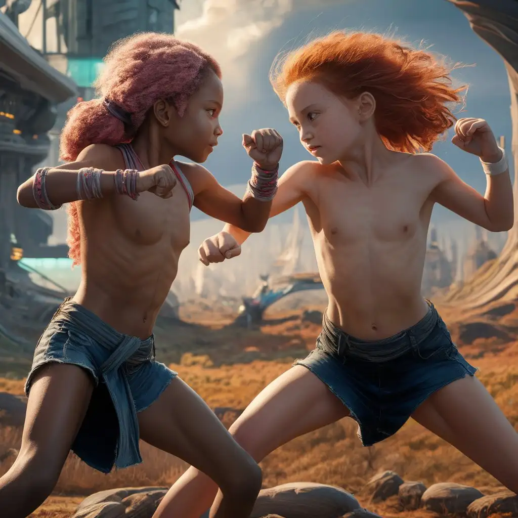 In an epic battle, a scientifically fictional naked 12-year-old flat-chested girl with pink hair and armbands and a red-haired girl without a shirt with pale-white skin are fighting.