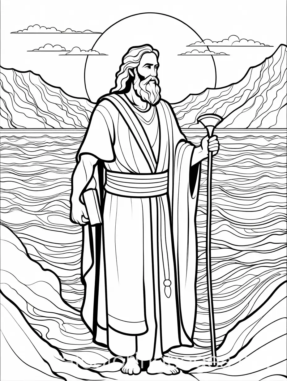 Moses and the dead sea, Coloring Page, black and white, line art, white background, Simplicity, Ample White Space. The background of the coloring page is plain white to make it easy for young children to color within the lines. The outlines of all the subjects are easy to distinguish, making it simple for kids to color without too much difficulty