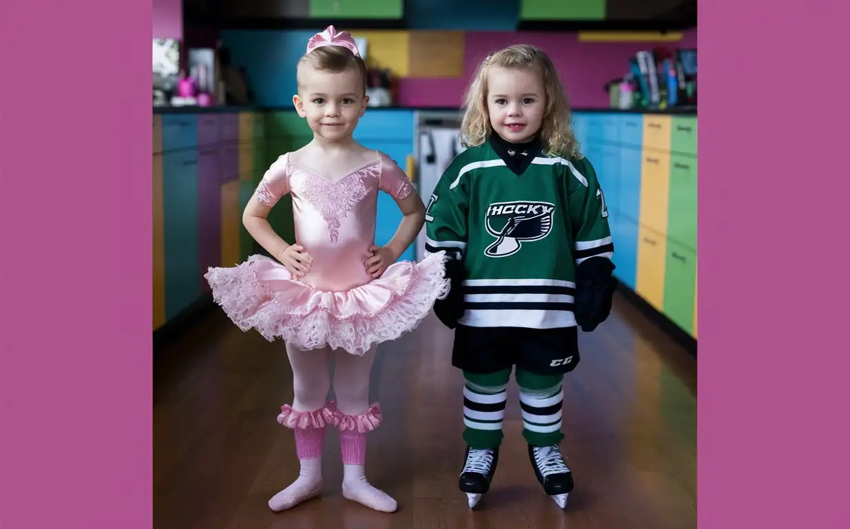 Playful-Gender-Role-Reversal-Brother-in-Ballet-Dress-Sister-in-Hockey-Gear