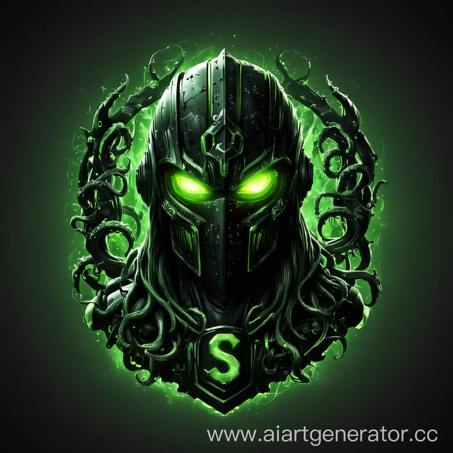 логотип, векторная графика, ультра качество, скверна, киберспорт, чёрный цвет, зелёный цвет, зелёное свечение, рыцарский шлем, щупальца,