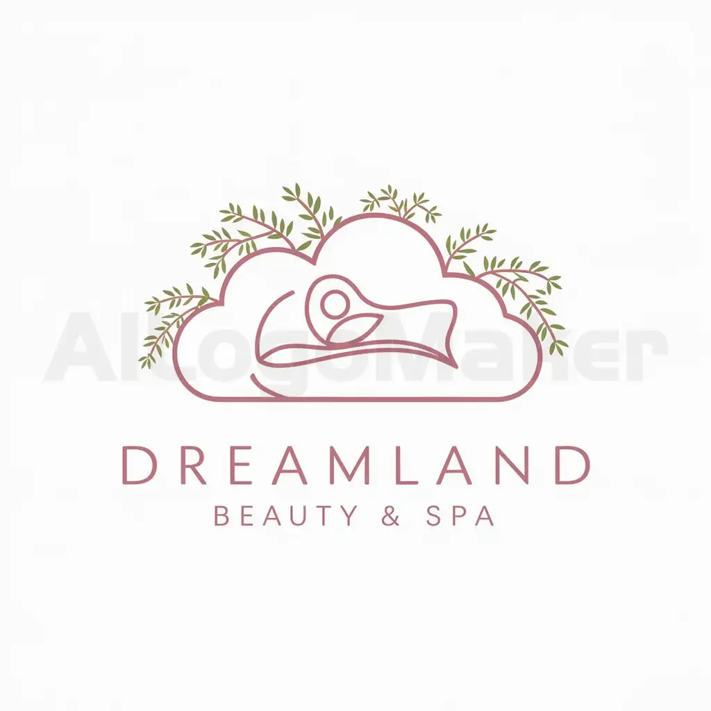 a logo design,with the text "dreamland", main symbol:a one line cloud covered by branch, pink and green color, spring vibe, inside the cloud is an one line draw of human lay on the pillow with the shape of cloud,Minimalistic,be used in Beauty Spa industry,clear background