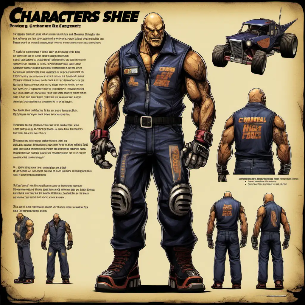 Character Sheet, a big figure with a menacing presence on the track. Once a feared enforcer in the criminal underworld, he now channels his aggression into the high-speed world of racing. Sporting a rugged appearance, Spike's most striking feature is his prosthetic arm, replaced with a lethal chainsaw attachment salvaged from his days in the prison workshop. His driving style is aggressive and relentless, plowing through obstacles and opponents alike with brute force. Spike is fueled by a thirst for victory and redemption, determined to carve out a new legacy on the track with every roaring engine and sparking blade.