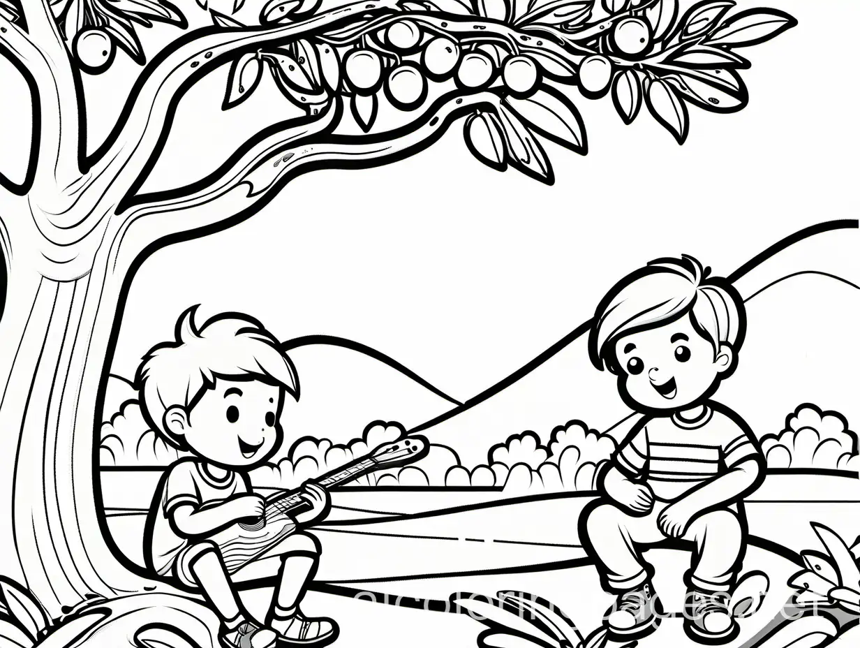 Kids-Eating-Mango-on-Tree-Cartoon-Coloring-Page
