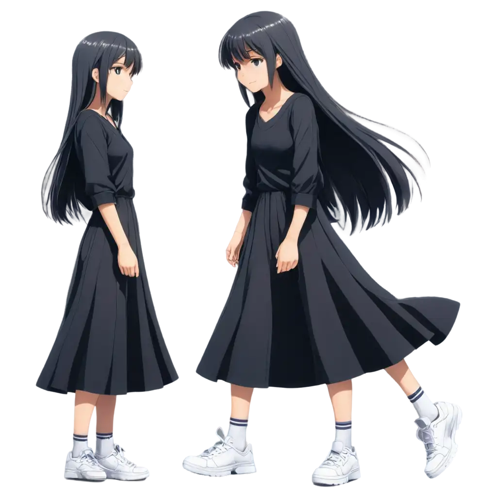 A girl with black long dresses and white sneakers anime