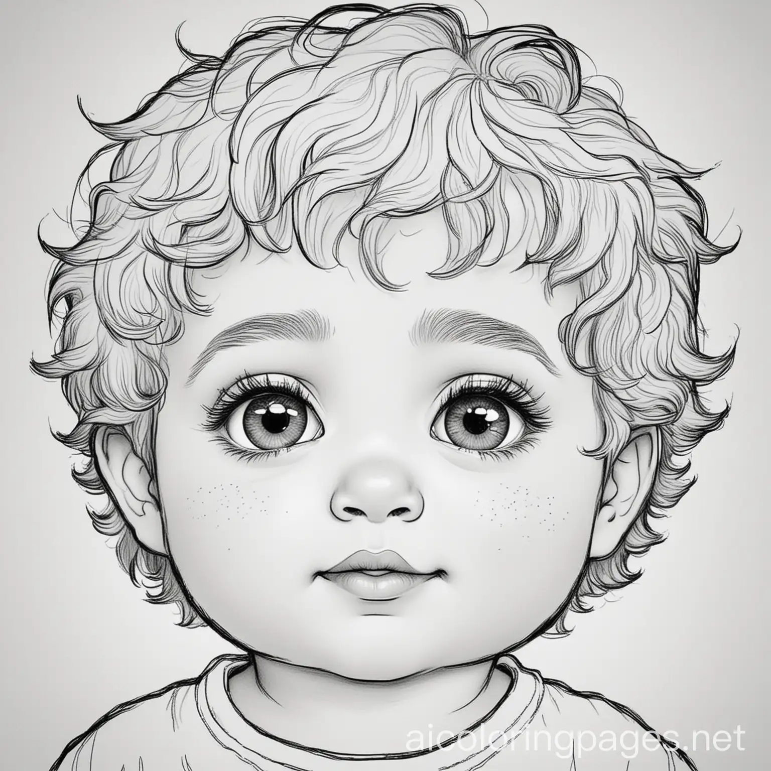 Baby boy twins with wavy hair and big eyes, and a chubby face, Coloring Page, black and white, line art, white background, Simplicity, Ample White Space. The background of the coloring page is plain white to make it easy for young children to color within the lines. The outlines of all the subjects are easy to distinguish, making it simple for kids to color without too much difficulty