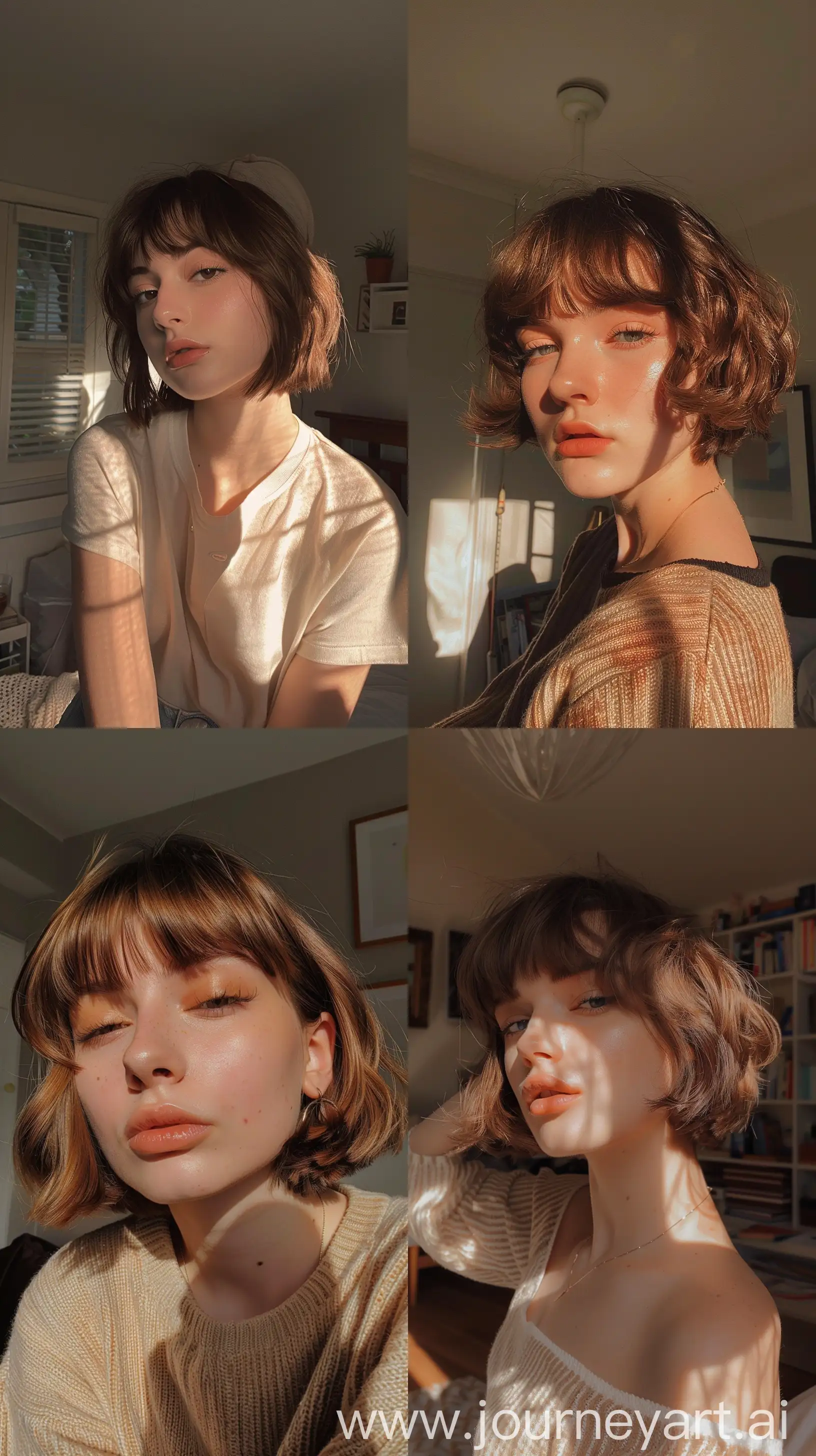 Aesthetic Instagram selfie of a teenager in her room, warm brown tones, British, bangs, short hair, ombre, realistic lighting and shadows, wide set, profile throw face away in room --ar 9:16