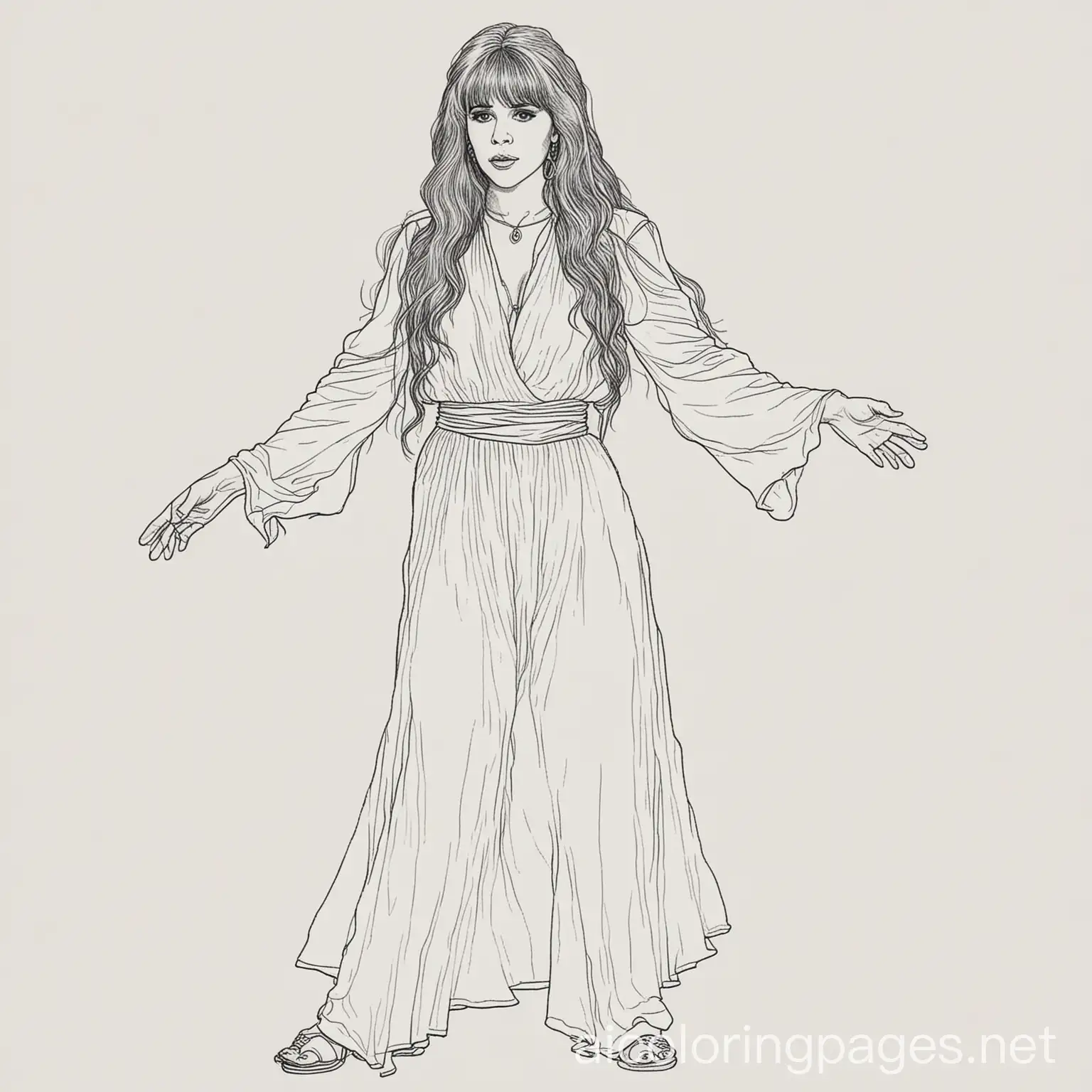 Stevie Nicks doing her classic dance, Coloring Page, black and white, line art, white background, Simplicity, Ample White Space. The background of the coloring page is plain white to make it easy for young children to color within the lines. The outlines of all the subjects are easy to distinguish, making it simple for kids to color without too much difficulty
