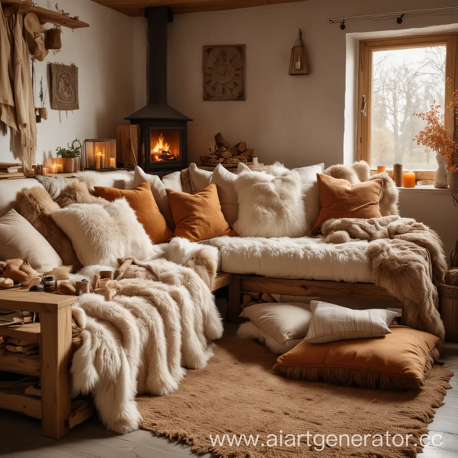 Cozy-Rustic-Living-Room-with-Wooden-Sofa-and-Fireplace