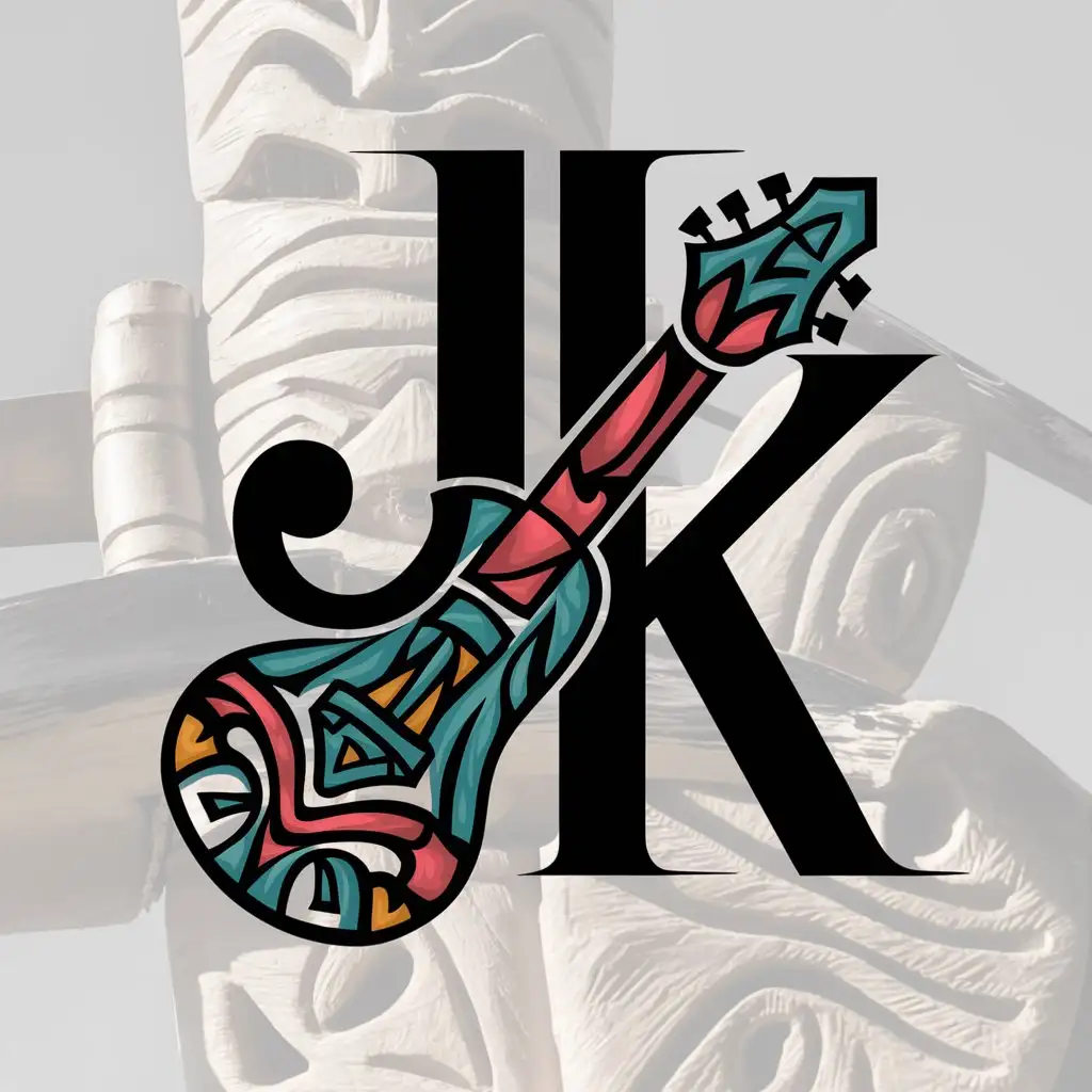 a logo design,with the text 'JK', main symbol:tiki guitar,complex,clear background