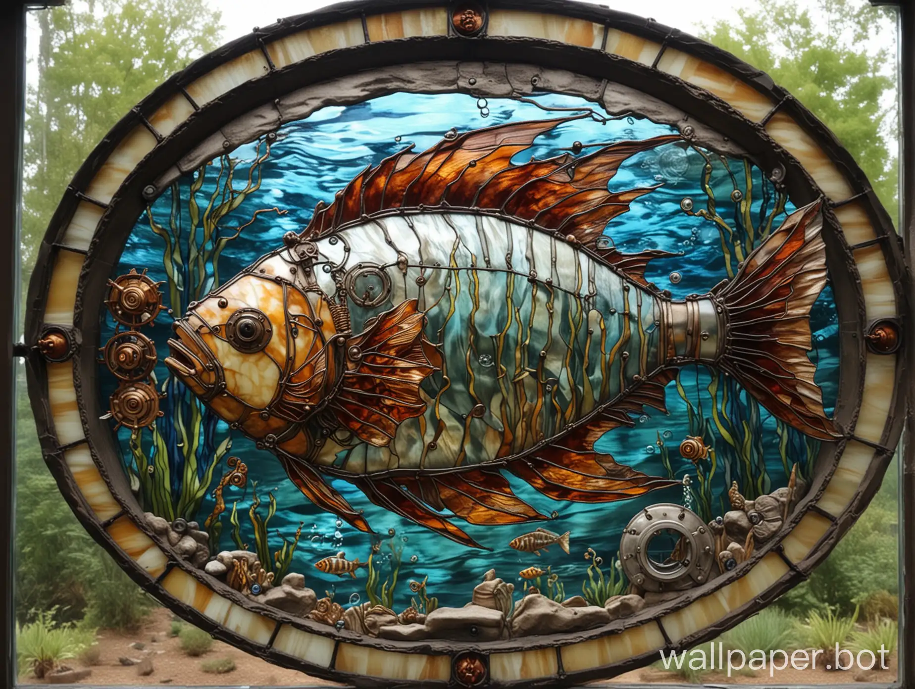 stained glass window depicting a mechanical fish underwater. steampunk.