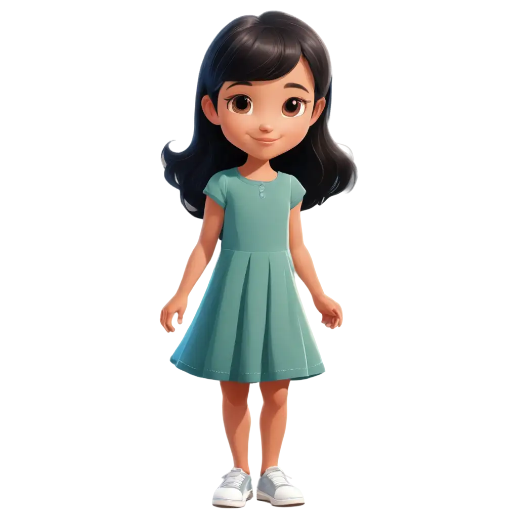 Cartoon for kids book of a beautiful little girl with black hair and light brown eyes, light skin, innocent looking, wearing a dress and no shoes, her dress looks like from 70"s