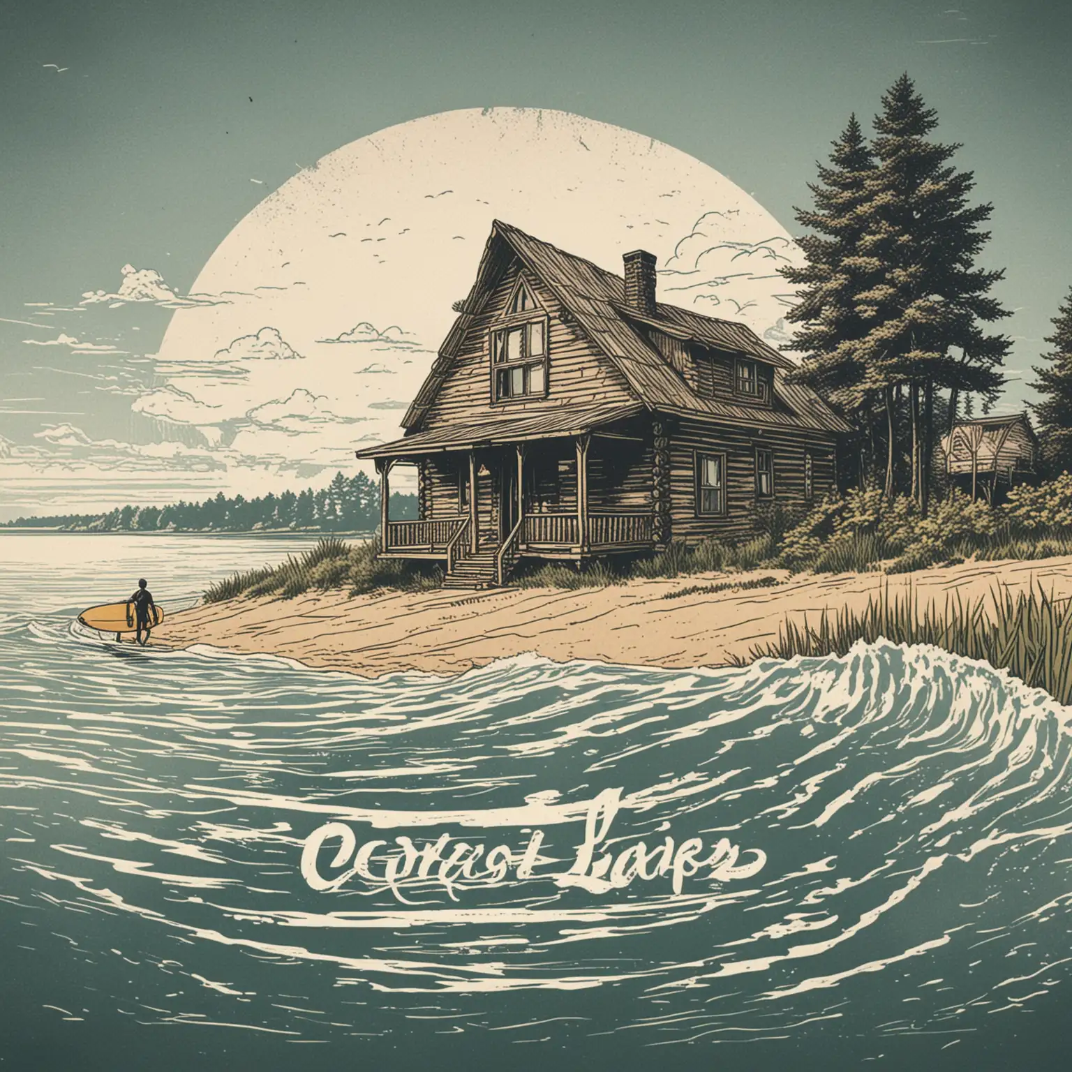 Provide me with a logo of a cabin at the Great Lakes, cornfields, Lake Michigan, Wisconsin, a cabin in the background, a man surfing a longboard on the lake in front of the cabin, hand-drawn, single color, and in 1970's style