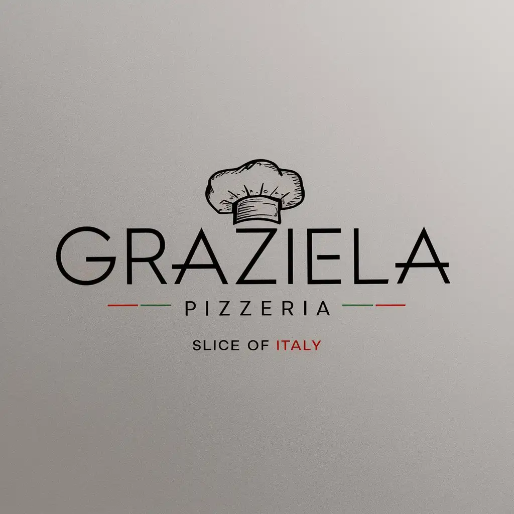 GRAZIELLA Pizzeria logo, Sharp type style, Restaurant logo, Italian colors, Chef hat sketch, Slogan, Slice of Italy, Slim, Minimal