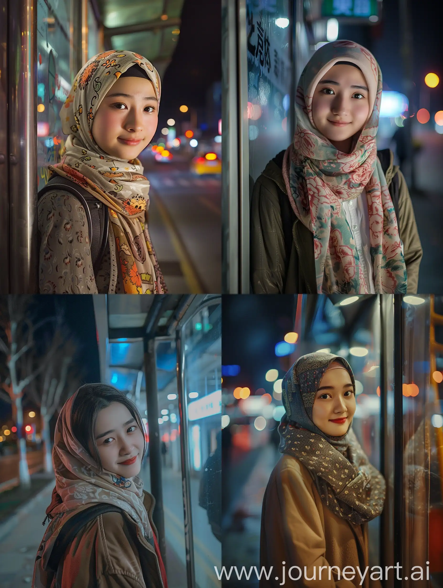 a 18 y.o. CHINESE GIRL,solo,scarf,hijab,smile, At night,  bus stop,