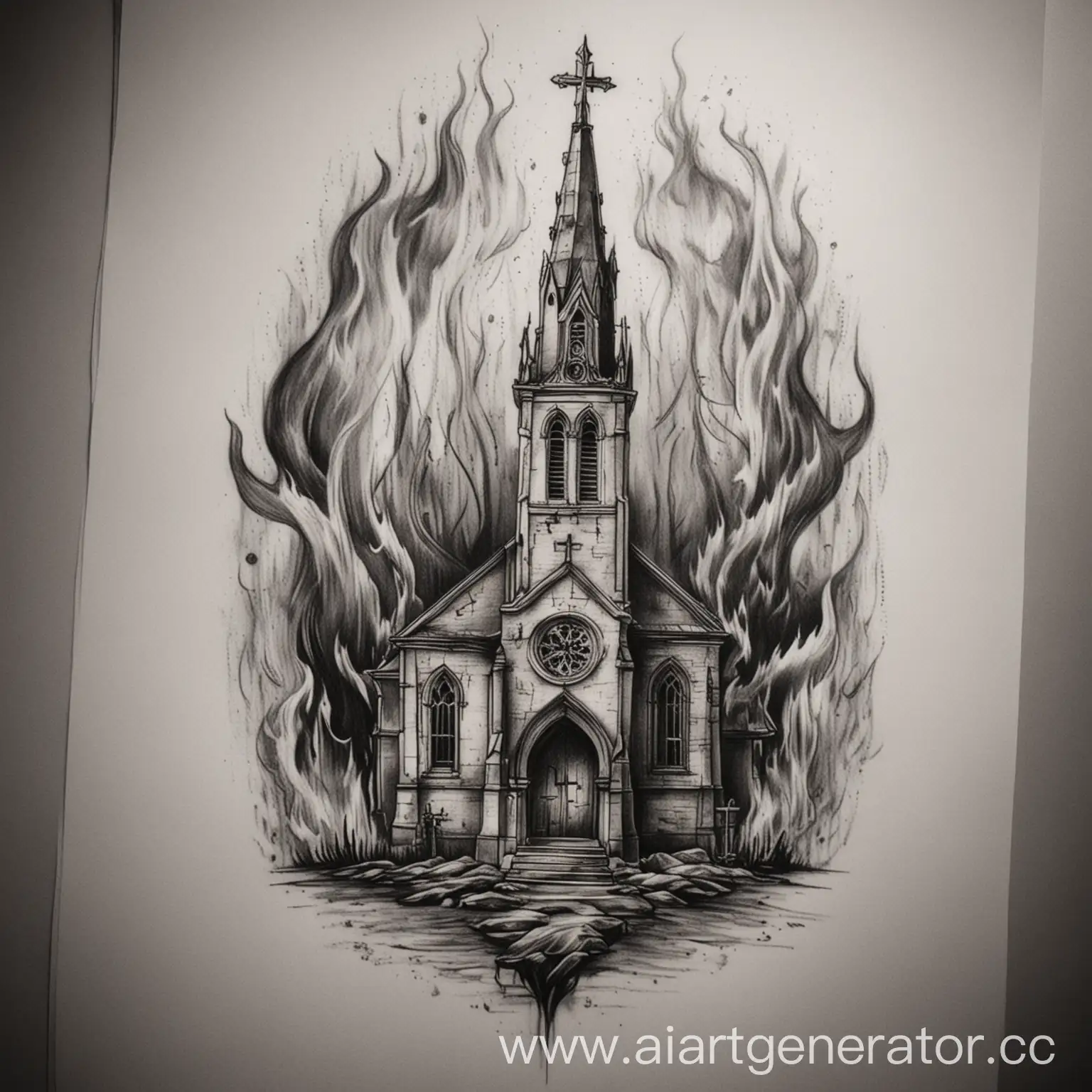 Fiery-Church-Tattoo-Sketch-Intricate-Design-with-Flames-and-Smoke