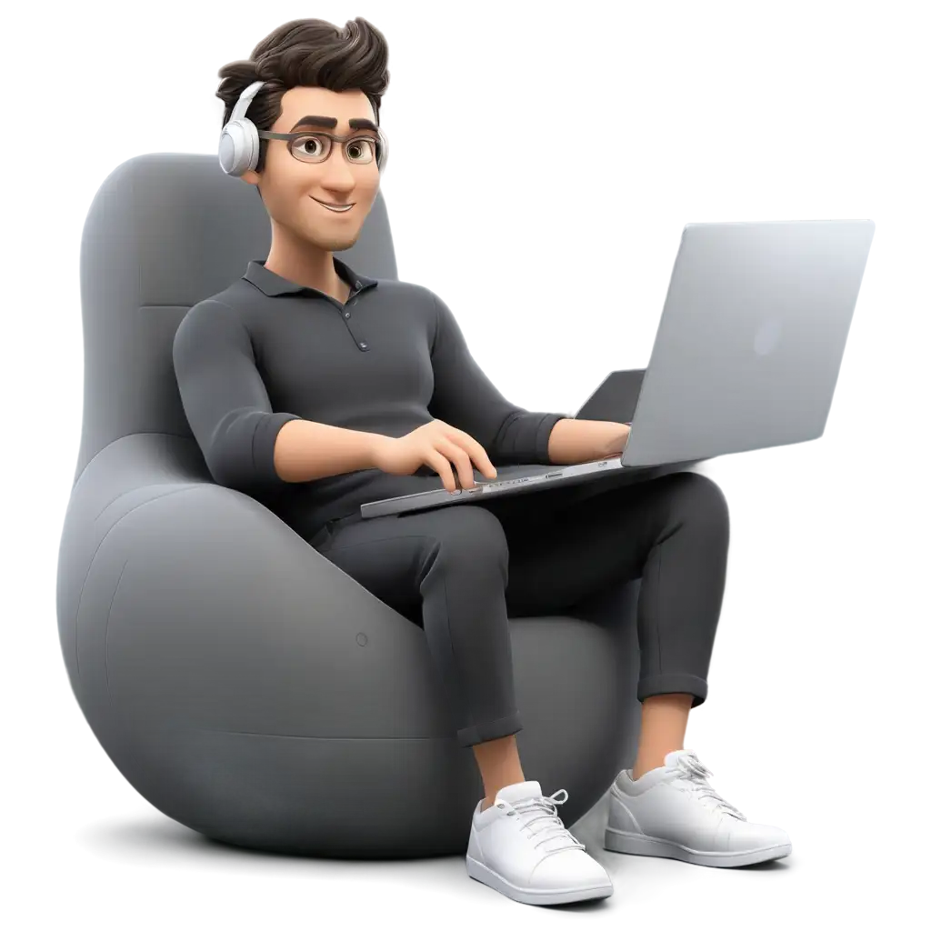 3D-Character-Man-Sitting-in-Spherical-Chair-with-Laptop-PNG-Illustration