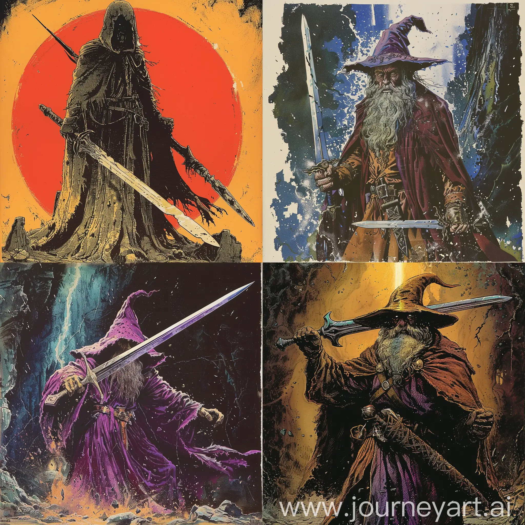 1970’s dark fantasy book cover paper art dungeons and dragons style drawing of Sword wielding wizard