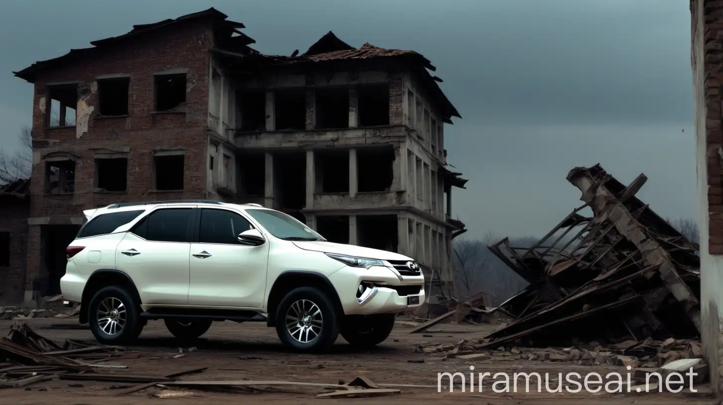 white toyota fortuner suv  is standing  and in background there is a old broken  building 