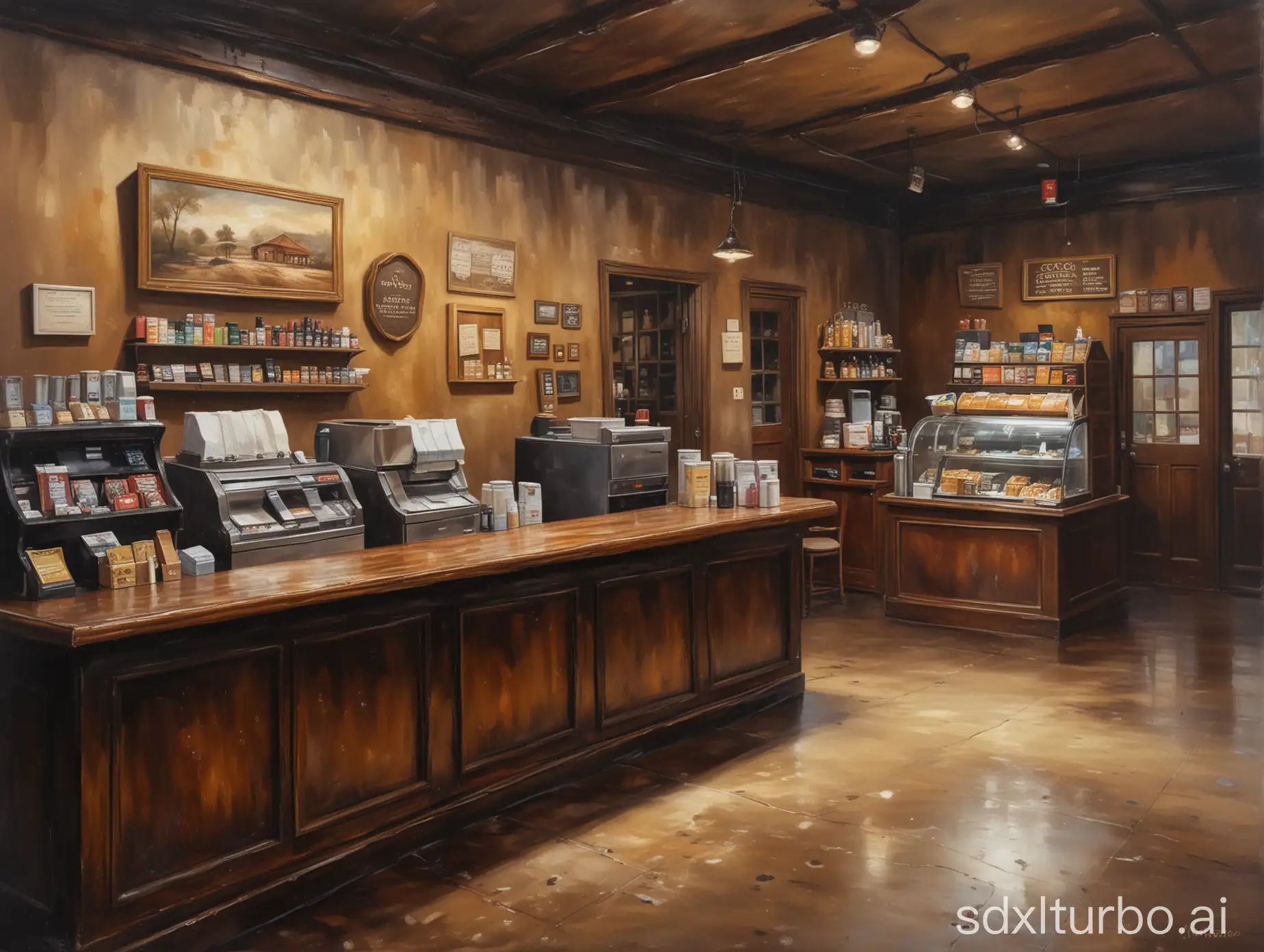 View is looking at the checkout counter and the cash register. fantasy oil painting style of interior view of a coffee store devoid of anyone inside.