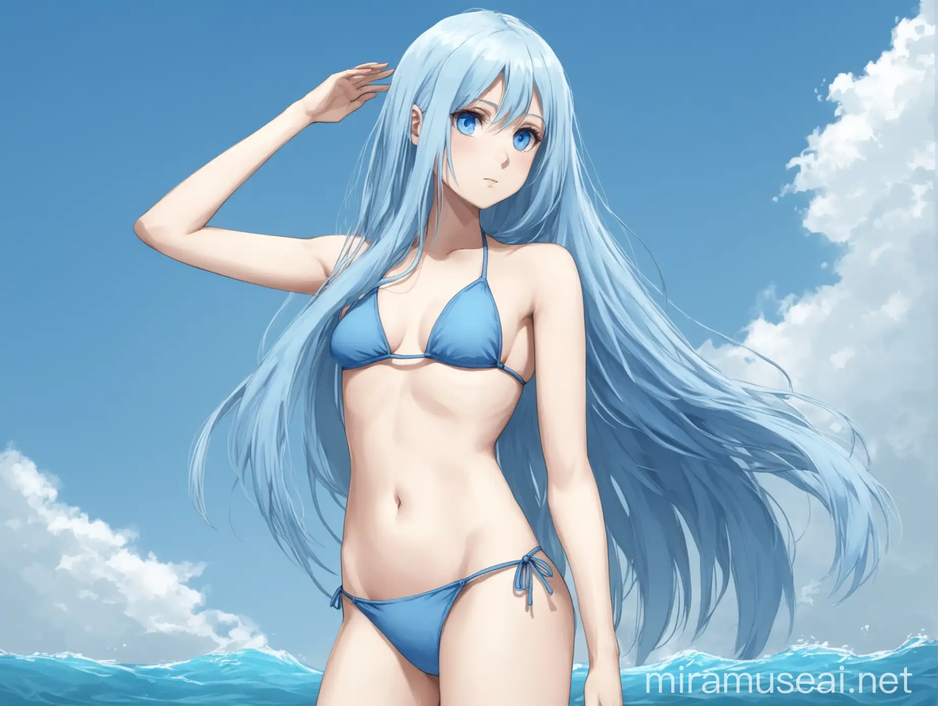 The girl stands tall, light blue hair color, blue eyes, in a blue bikini, medium chest size, long hair