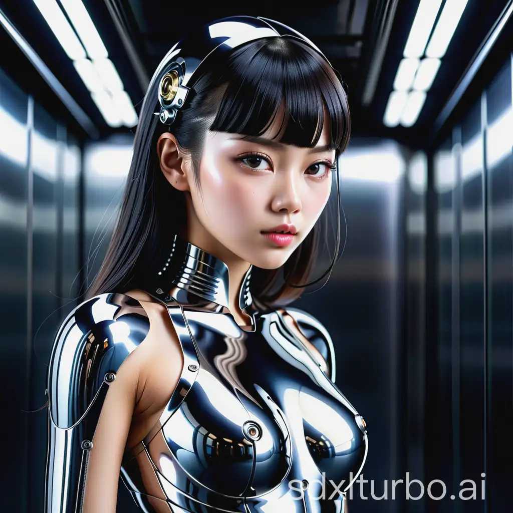 a pretty Asian Ex Machina with Chrome plated skin, Hajime Sorayama style. Futurism and soft lighting, full body shot, Extremely complex metallic reflections, dark background, high contrast, and intricate details FULLBODY --ar 3:4 --v 6.0