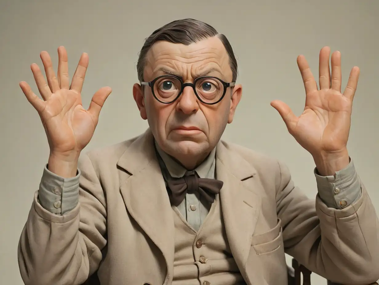 Color image. The philosopher Jean pol Sartre is giving up something, waving his hands in front of him, he is not happy. He has a severe strabismus, with his right eye looking to the right instead of forward.