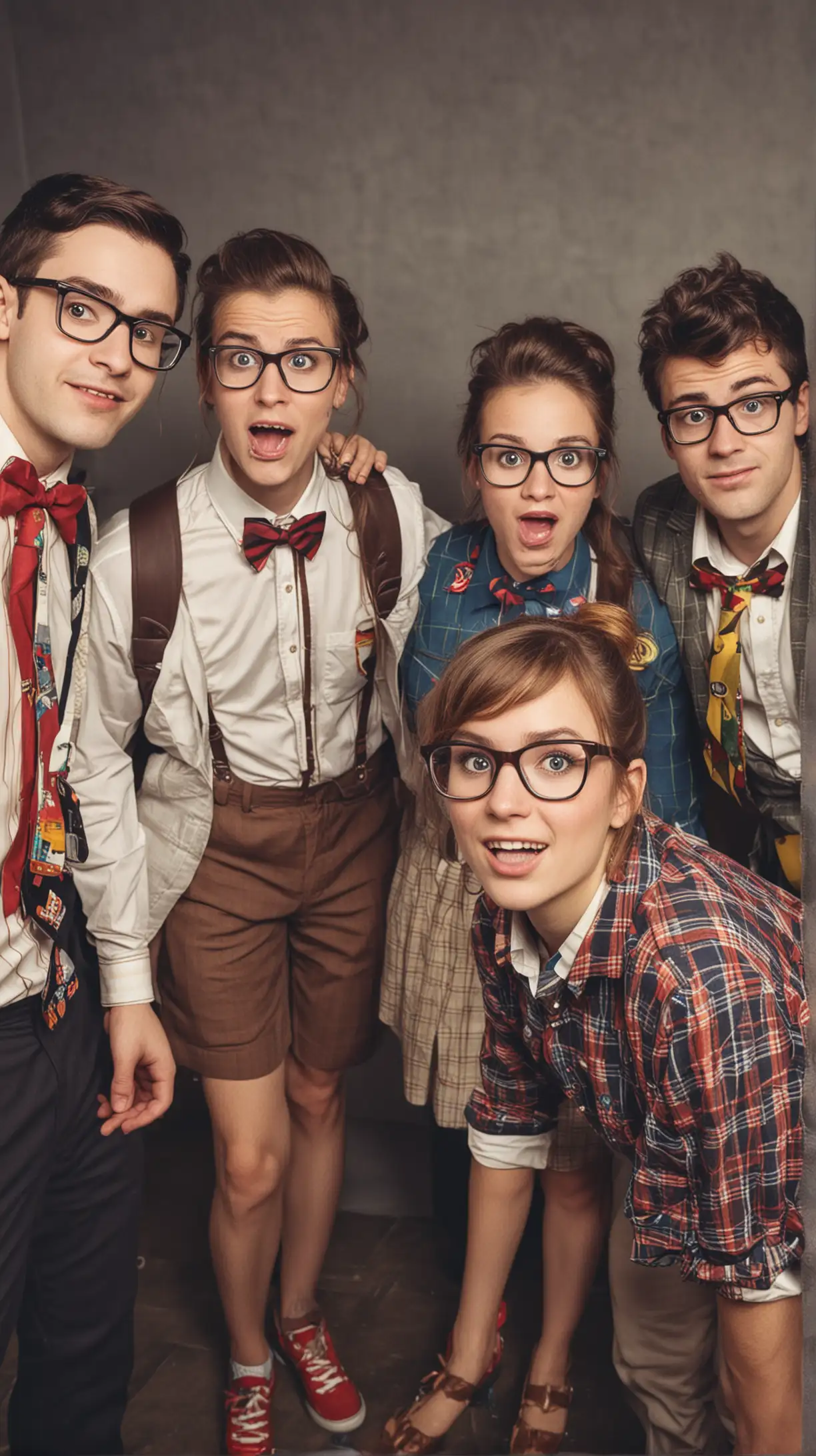 a group of stereotypical nerds, dressed like nerds, at a party