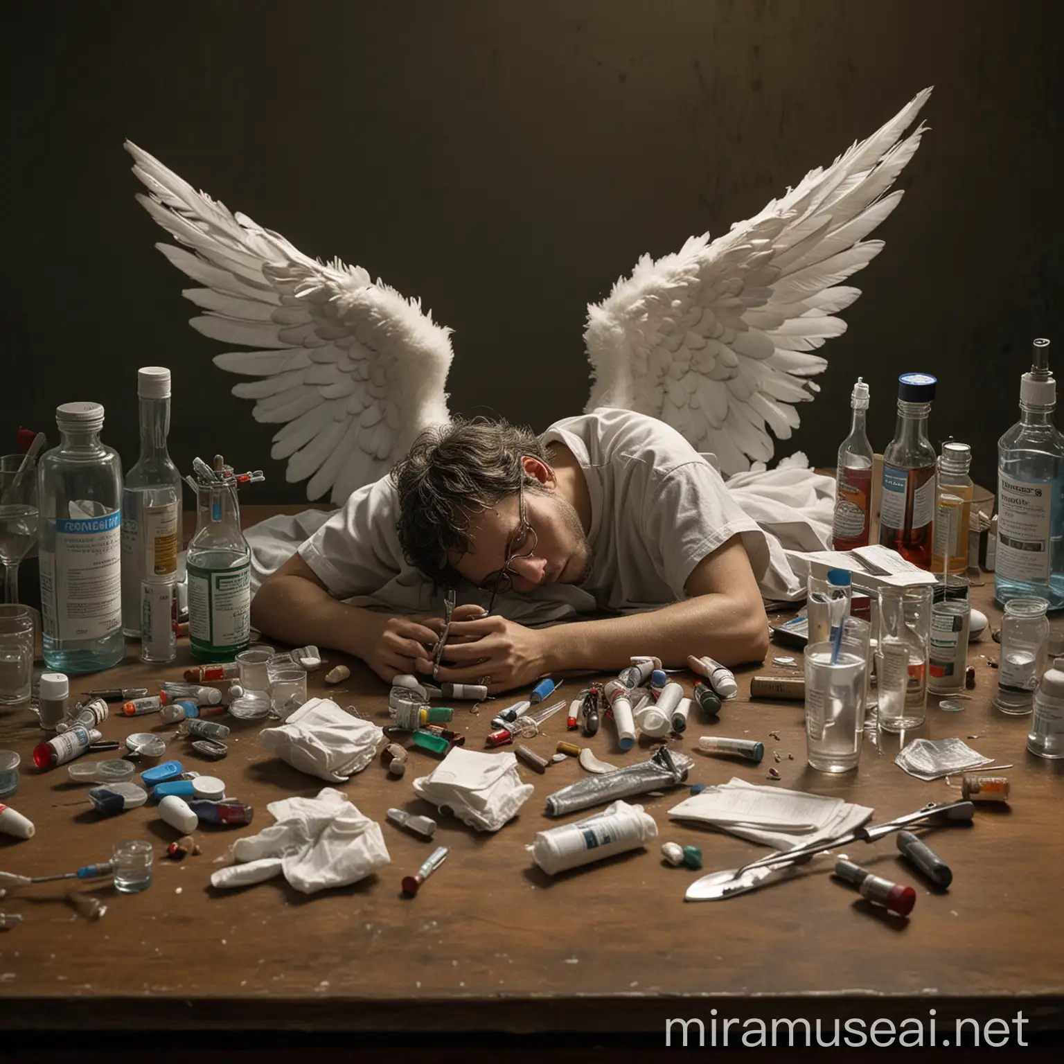 un ange gardien, avec ses ailes, il est mort de fatibue et dort sur une table, des tubes de médicaments autour de lui, des verres d'alcool, des bouteilles, des seringues, une cuiller en inox, photograhpie, réaliste