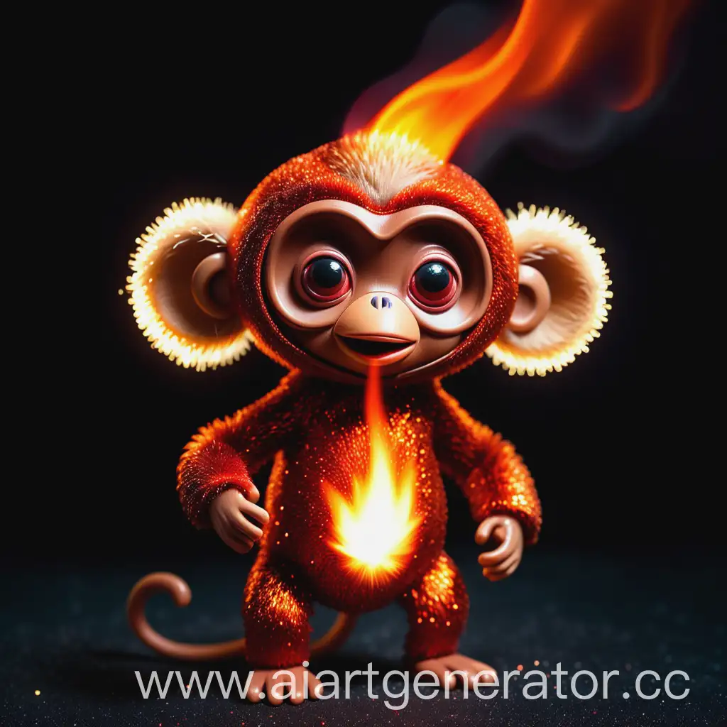 Fiery-Flaming-Cheburashka-with-Sparkling-Fur-on-Dark-Background