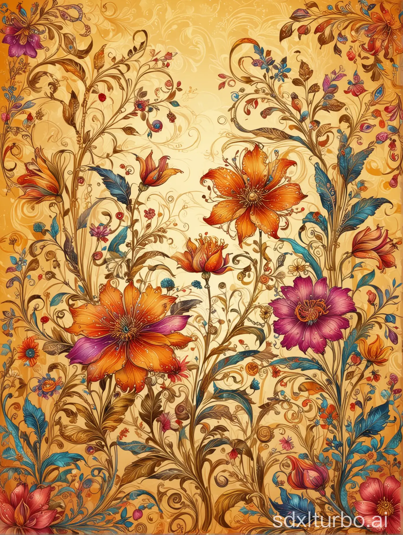 beautiful fantasy flowers and whimsical flourishes, all over print, bright and vibrant colors, Colorful Boho style, golden background