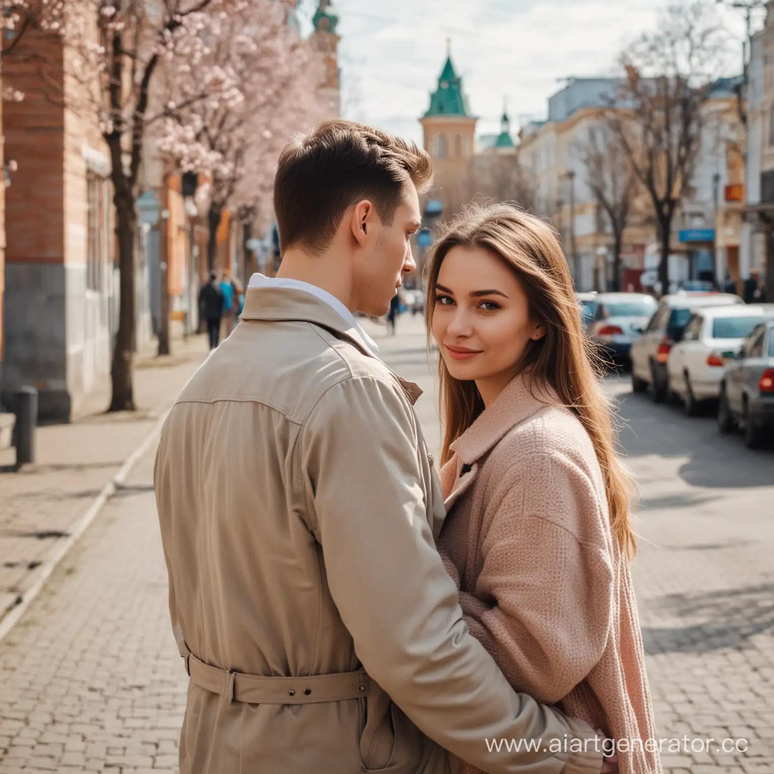 Красивая девушка с парнем, вид со спины, идут по улицам российского города весной.
