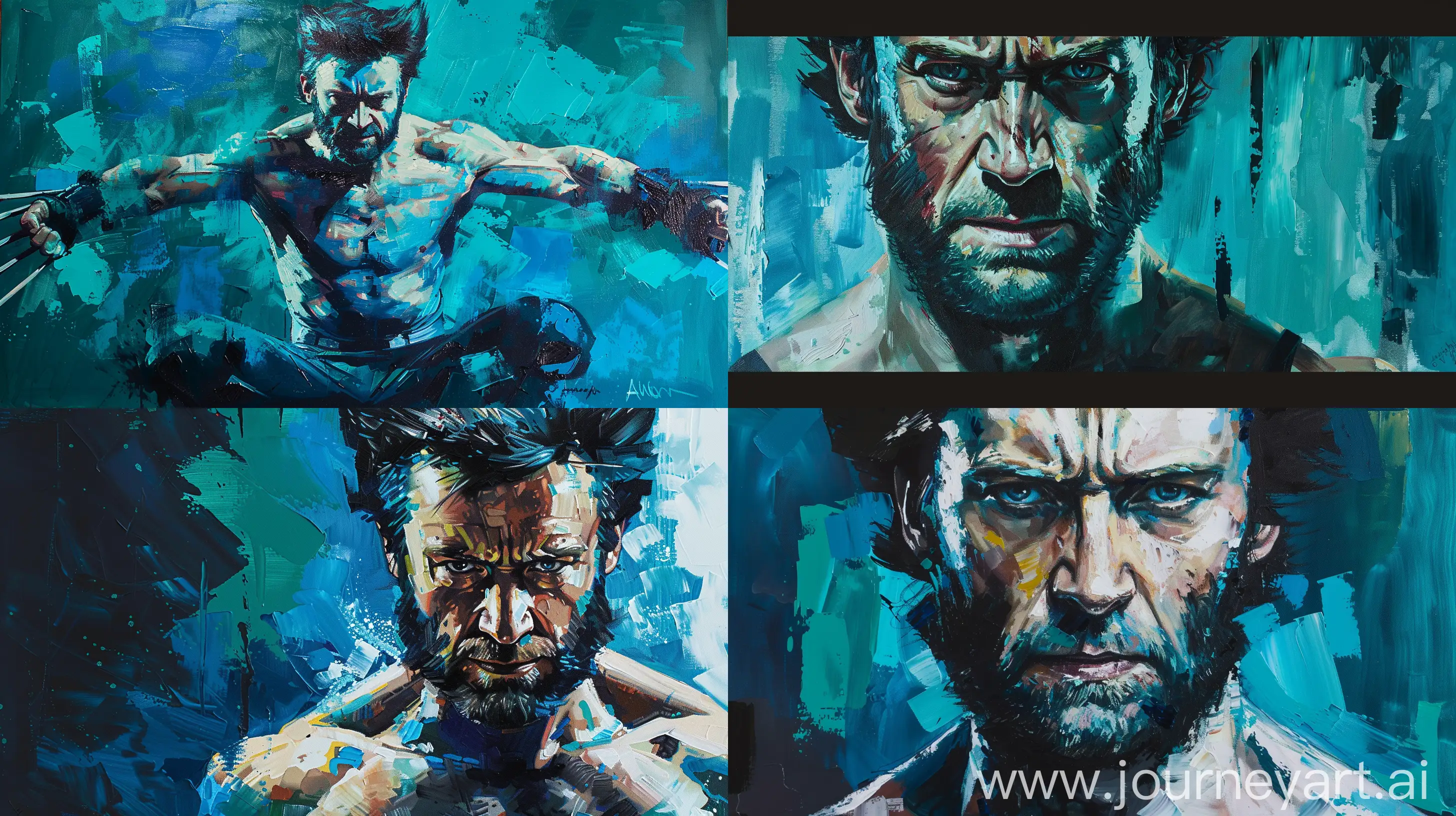 oil painting of huge jackman as wolverine in star wars style with a color palette of bright blues, cyan, teal, blue grey, blacks, white, and a soft greenish-blue. There are also touches of bright skin tone --ar 16:9 --c 5