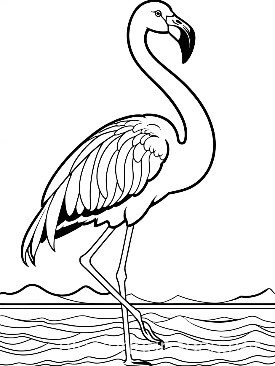 friendly, simplified flamingo, standing in front of the sea, Coloring Page, black and white, line art, white background, Simplicity, Ample White Space. The background of the coloring page is plain white to make it easy for young children to color within the lines. The outlines of all the subjects are easy to distinguish, making it simple for kids to color without too much difficulty, Coloring Page, black and white, line art, white background, Simplicity, Ample White Space. The background of the coloring page is plain white to make it easy for young children to color within the lines. The outlines of all the subjects are easy to distinguish, making it simple for kids to color without too much difficulty