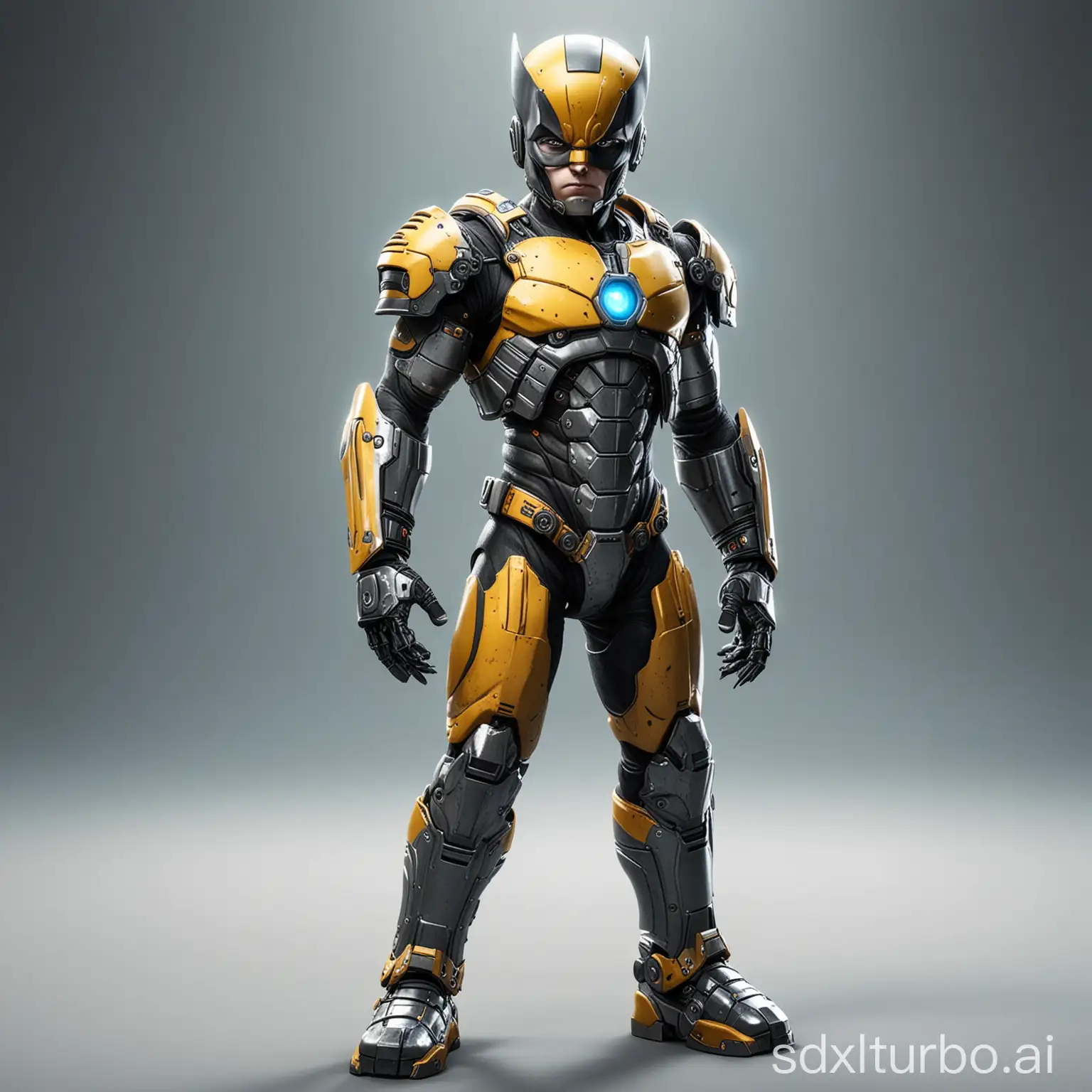 Little child wolverine wearing cyborg full armor, game character, stands at full height