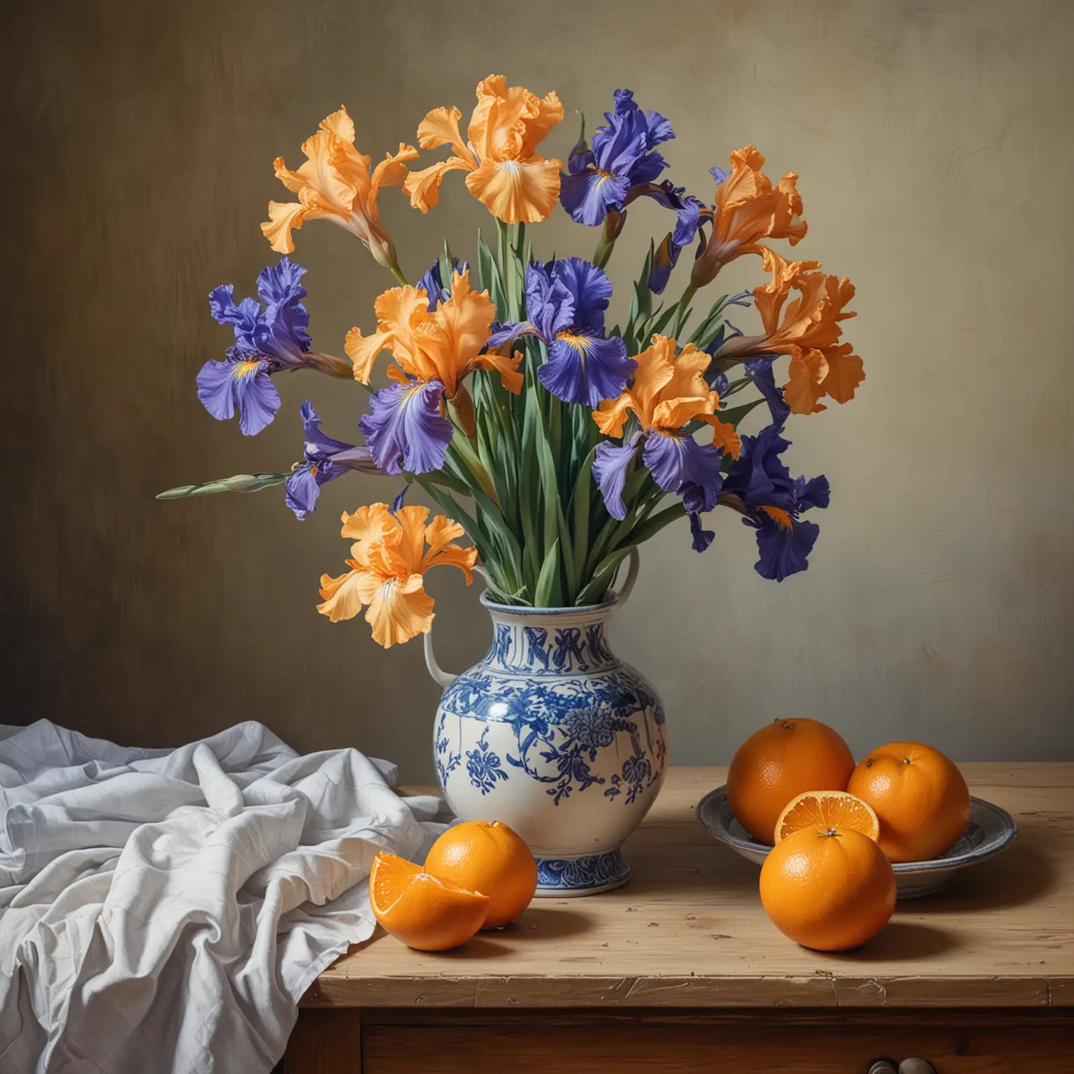 A STILL LIFE PAINTING OF A VASE OF IRIS FLOWERS  ON A TABLE,  WITH ORANGES 