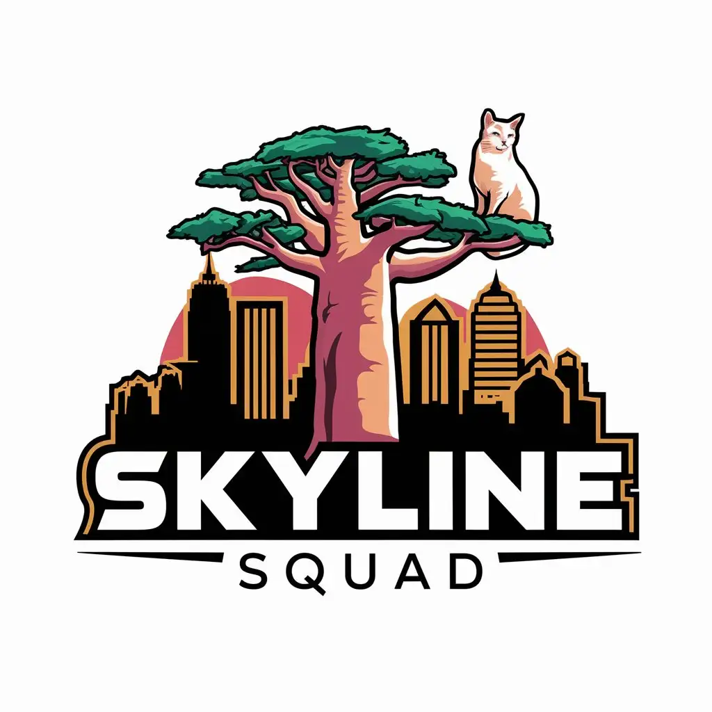 логотип "Skyline Squad"  с баобабом и котом