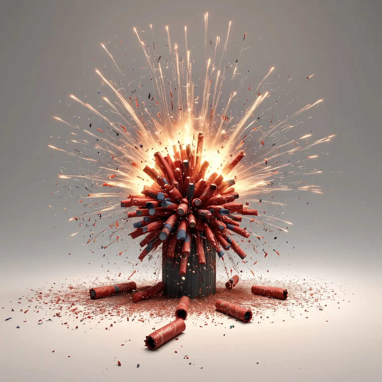 ultra realistic high definition, 3d firecrackers lit and exploding all over the place, isolated on a white background