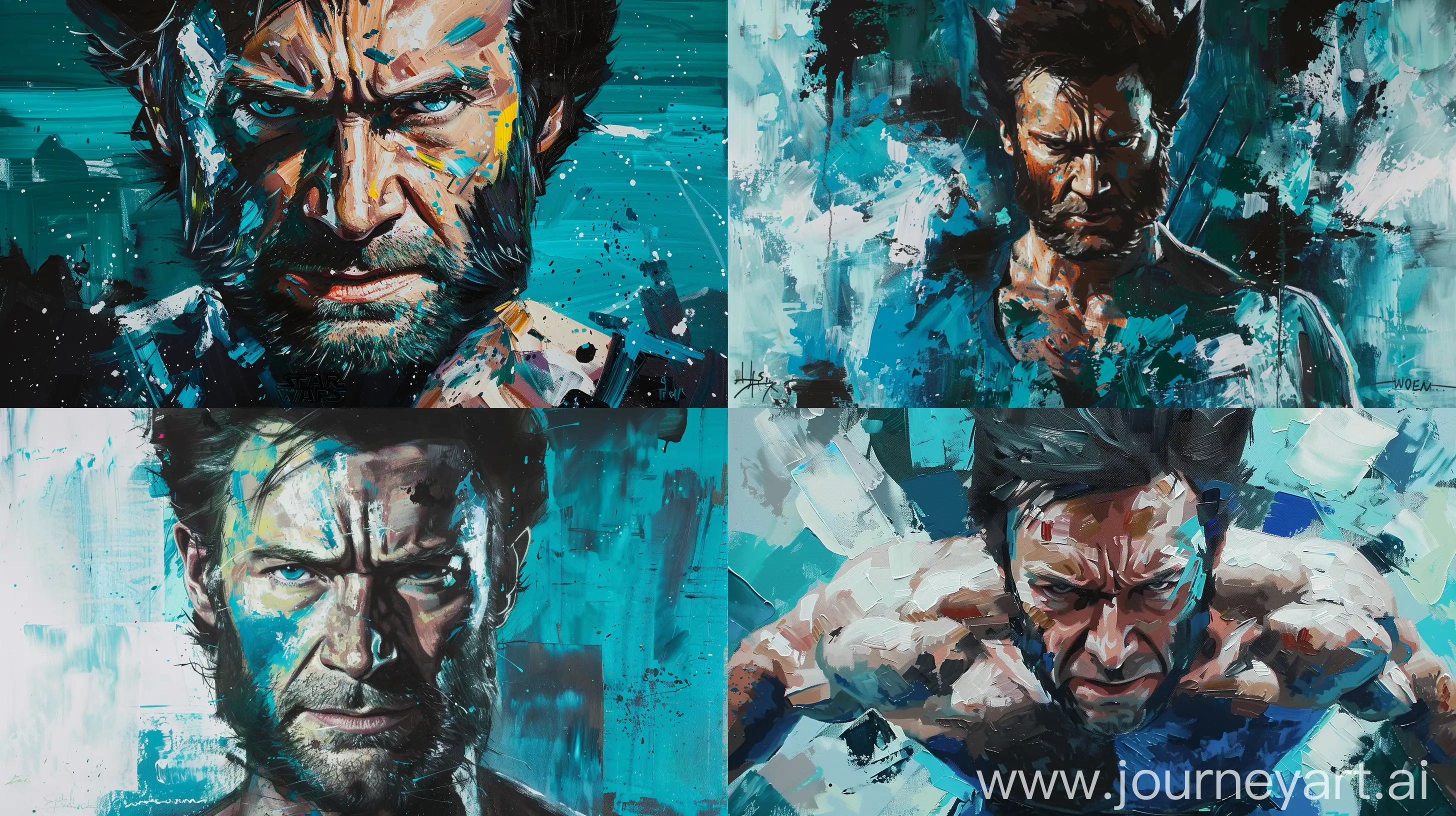 oil painting of huge jackman as wolverine in star wars style with a color palette of bright blues, cyan, teal, blue grey, blacks, white, and a soft greenish-blue. There are also touches of bright skin tone --ar 16:9 --c 5

